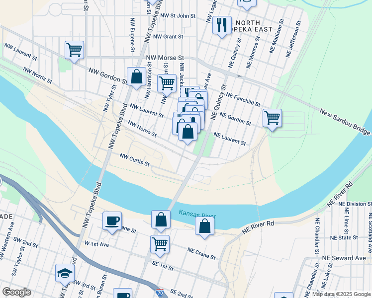 map of restaurants, bars, coffee shops, grocery stores, and more near 800 North Kansas Avenue in Topeka
