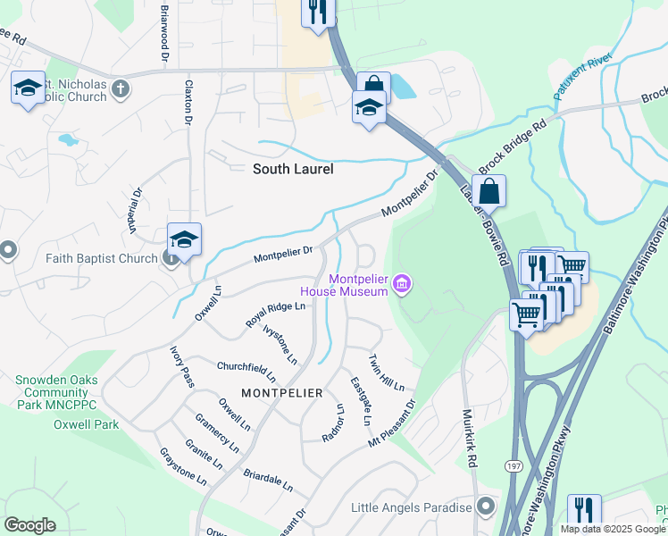 map of restaurants, bars, coffee shops, grocery stores, and more near 12803 Cedarbrook Ln in Laurel