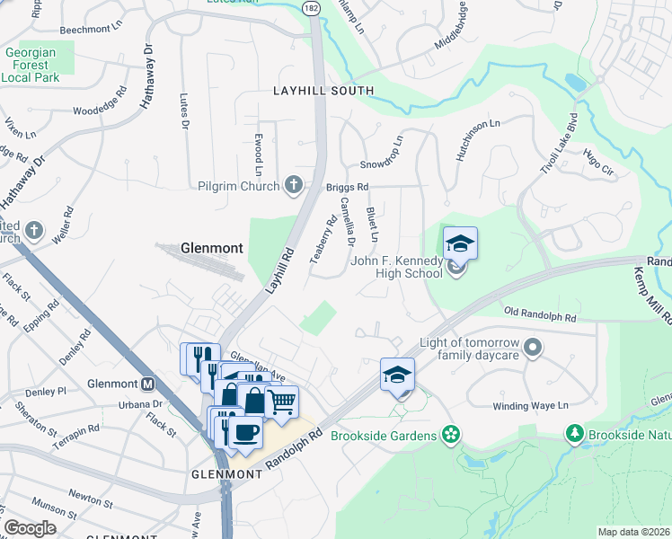 map of restaurants, bars, coffee shops, grocery stores, and more near 12808 Camellia Drive in Silver Spring