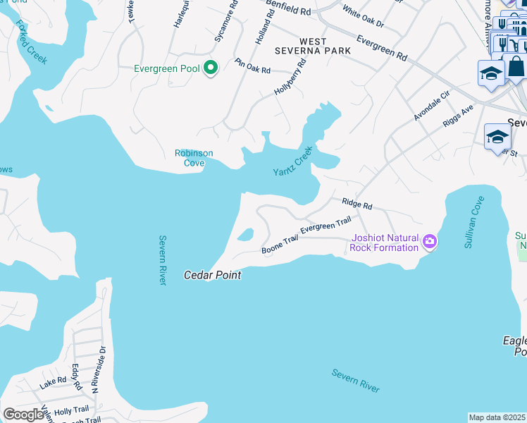 map of restaurants, bars, coffee shops, grocery stores, and more near 120 Boone Trail in Severna Park