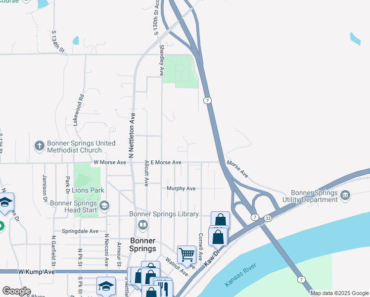map of restaurants, bars, coffee shops, grocery stores, and more near 420 Emerson Avenue in Bonner Springs