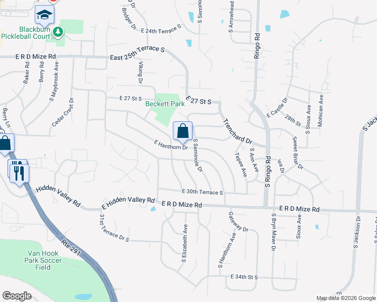 map of restaurants, bars, coffee shops, grocery stores, and more near 18605 East Hanthorn Drive in Independence