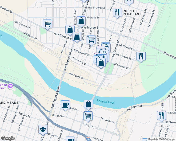 map of restaurants, bars, coffee shops, grocery stores, and more near 701 North Kansas Avenue in Topeka