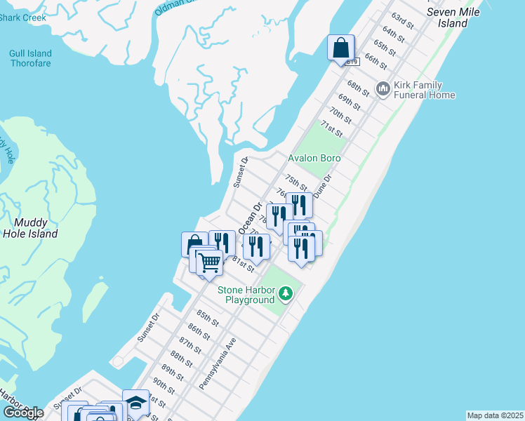 map of restaurants, bars, coffee shops, grocery stores, and more near 300 78th Street in Avalon