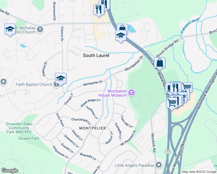 map of restaurants, bars, coffee shops, grocery stores, and more near 12803 Cedarbrook Lane in Laurel