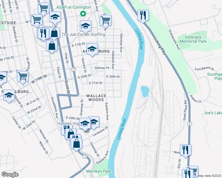 map of restaurants, bars, coffee shops, grocery stores, and more near 2122 Eastern Avenue in Covington