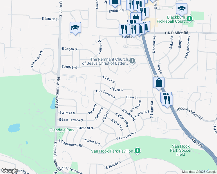map of restaurants, bars, coffee shops, grocery stores, and more near 16705 East 29th Street in Independence