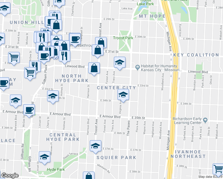 map of restaurants, bars, coffee shops, grocery stores, and more near 3321 Tracy Avenue in Kansas City