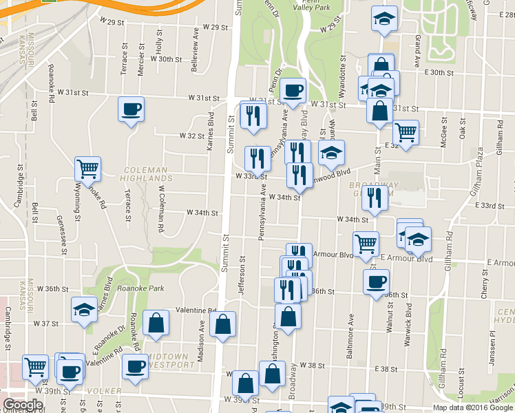 map of restaurants, bars, coffee shops, grocery stores, and more near 3416 Pennsylvania Avenue in Kansas City