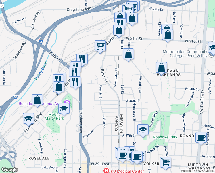 map of restaurants, bars, coffee shops, grocery stores, and more near 3059 Francis Street in Kansas City