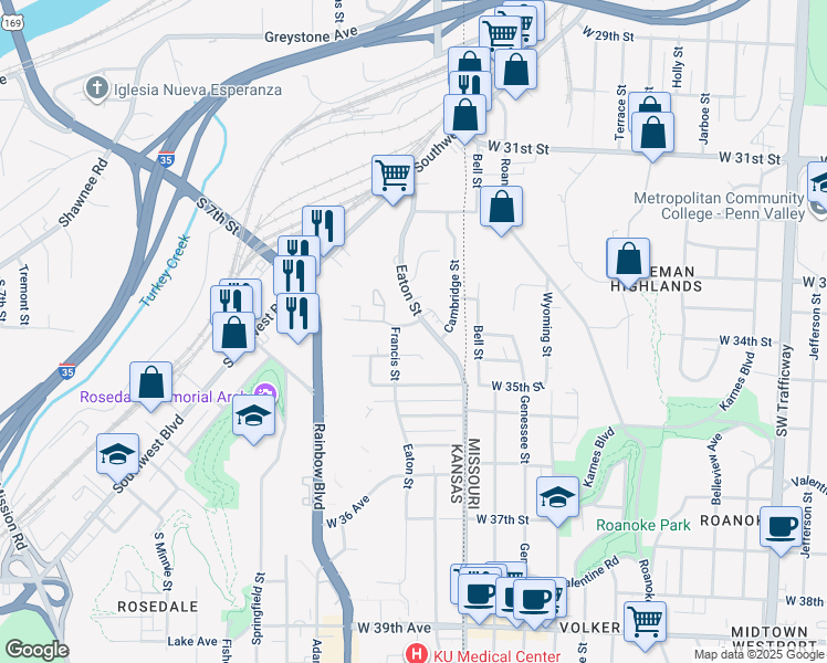 map of restaurants, bars, coffee shops, grocery stores, and more near 3059 Francis Street in Kansas City