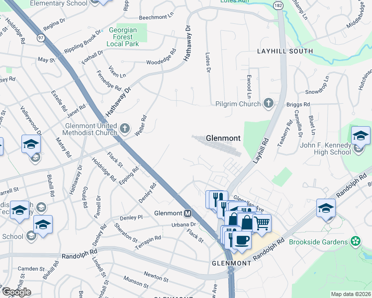 map of restaurants, bars, coffee shops, grocery stores, and more near 2537 Glenallan Avenue in Silver Spring