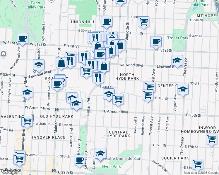 map of restaurants, bars, coffee shops, grocery stores, and more near Gillham Rd & E 33rd St in Kansas City