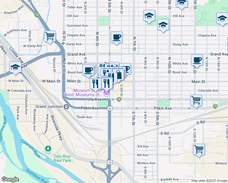 map of restaurants, bars, coffee shops, grocery stores, and more near 527 Colorado Avenue in Grand Junction