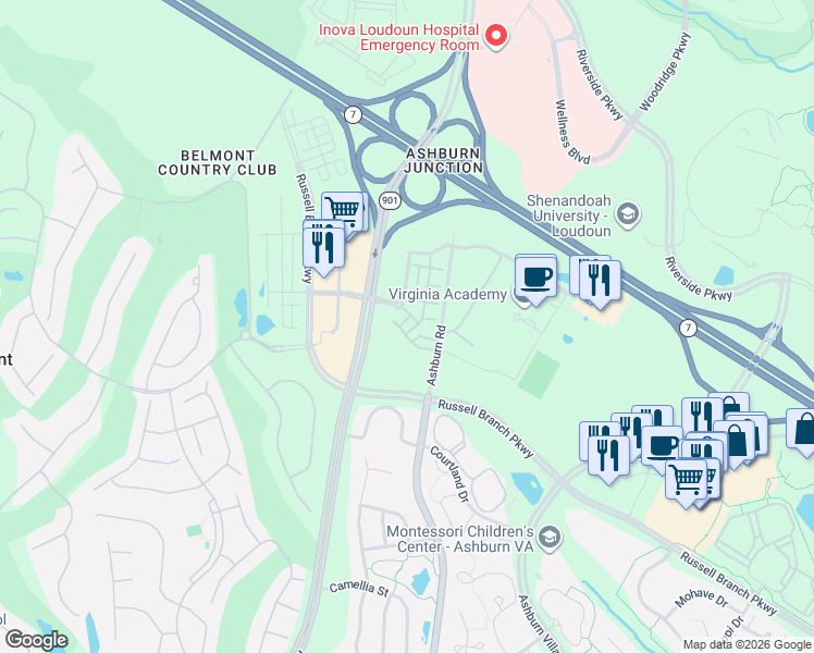 map of restaurants, bars, coffee shops, grocery stores, and more near 19899 Harrison Trace Terrace in Ashburn