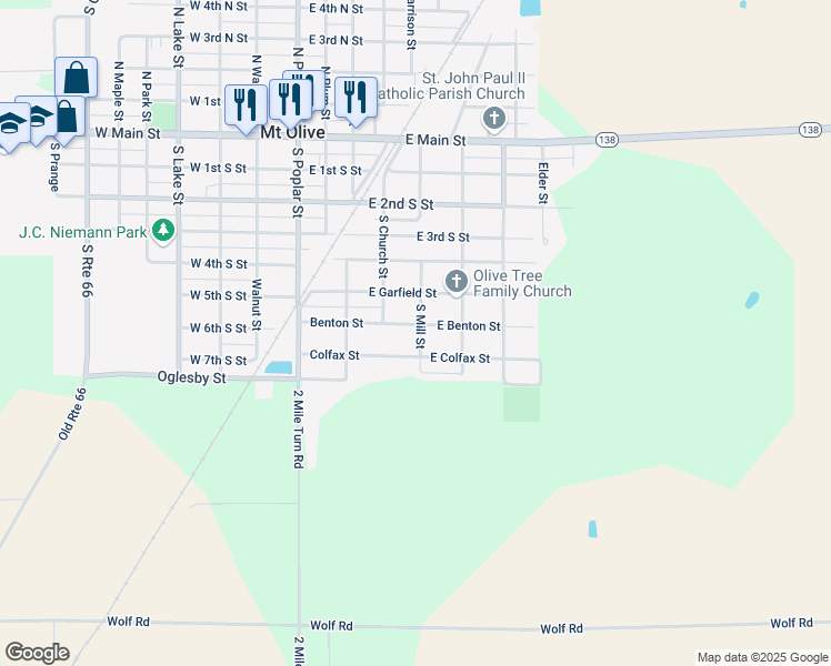 map of restaurants, bars, coffee shops, grocery stores, and more near 701 South Mill Street in Mount Olive