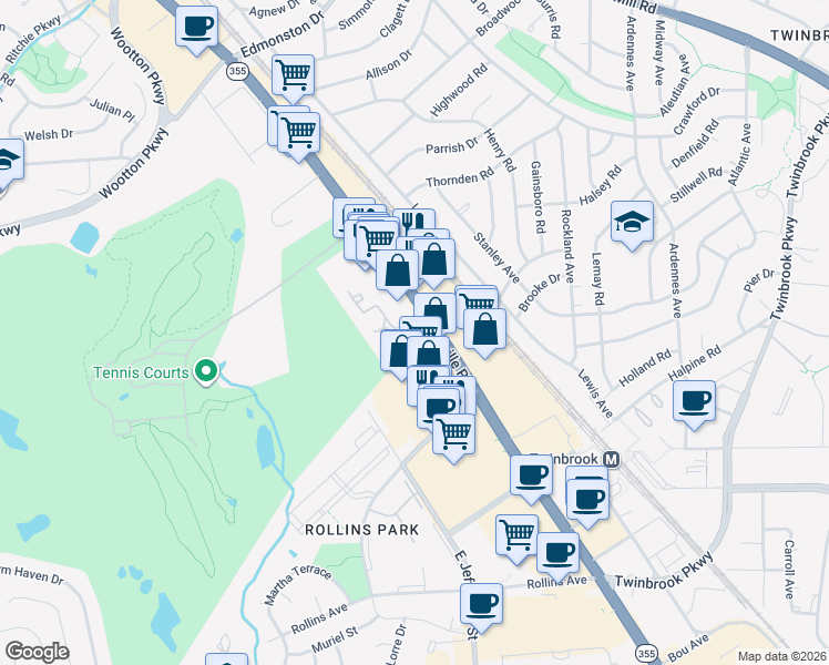 map of restaurants, bars, coffee shops, grocery stores, and more near 1451 Rockville Pike in Rockville