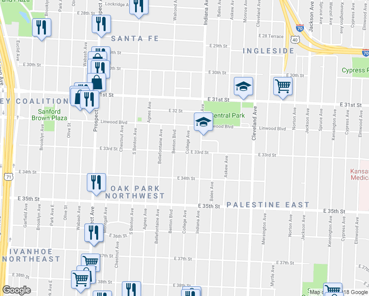 map of restaurants, bars, coffee shops, grocery stores, and more near 3240 College Avenue in Kansas City