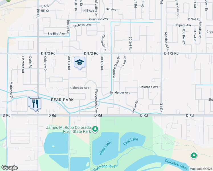 map of restaurants, bars, coffee shops, grocery stores, and more near 3055 Hawkwood Court in Grand Junction