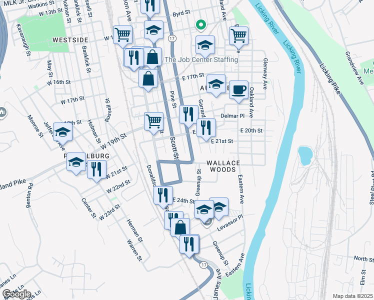 map of restaurants, bars, coffee shops, grocery stores, and more near 2044 Greenup Street in Covington