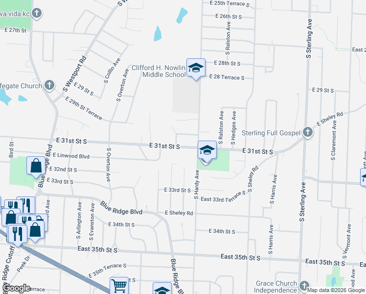 map of restaurants, bars, coffee shops, grocery stores, and more near 10115 East 31st Street South in Independence