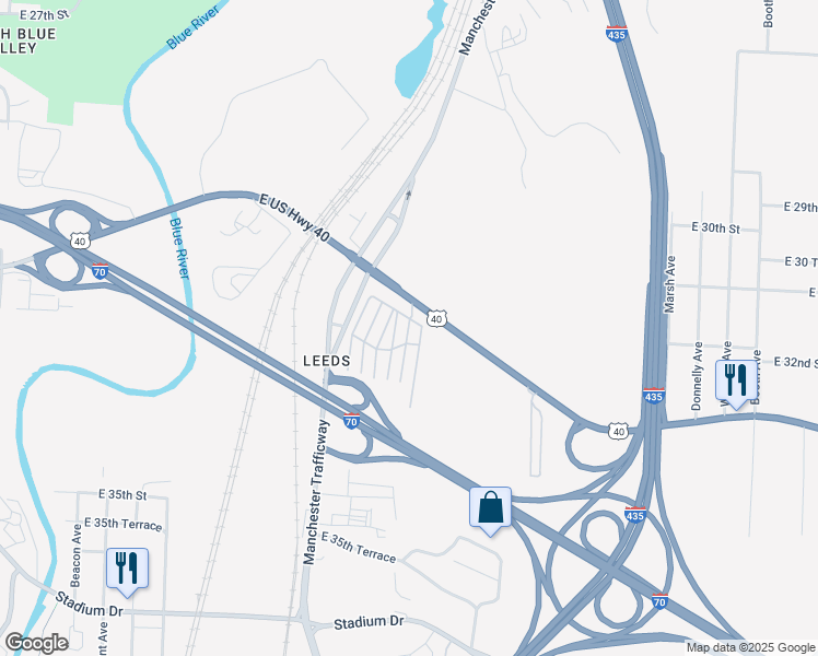 map of restaurants, bars, coffee shops, grocery stores, and more near 3201-3299 Oakland Avenue in Kansas City