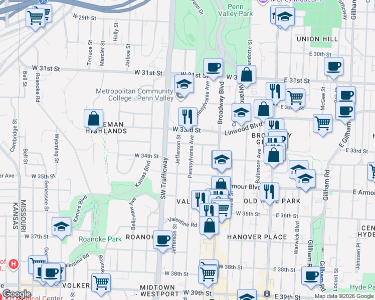map of restaurants, bars, coffee shops, grocery stores, and more near 3416 Pennsylvania Avenue in Kansas City