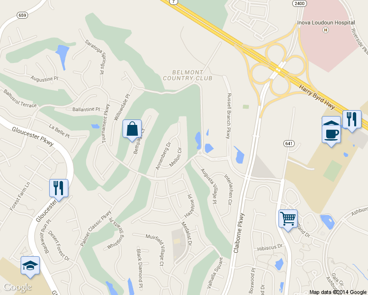 map of restaurants, bars, coffee shops, grocery stores, and more near 19858 Mellon Circle in Ashburn