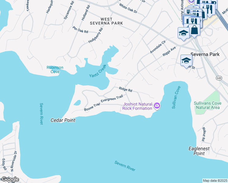 map of restaurants, bars, coffee shops, grocery stores, and more near 164 Boone Trail in Severna Park