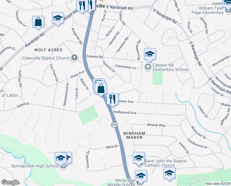 map of restaurants, bars, coffee shops, grocery stores, and more near 600 Eldrid Drive in Silver Spring