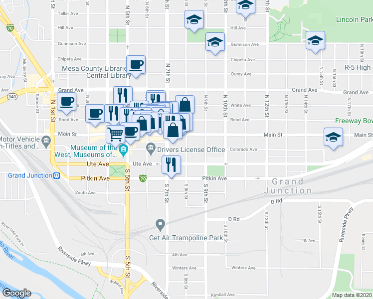 map of restaurants, bars, coffee shops, grocery stores, and more near 801 Colorado Avenue in Grand Junction
