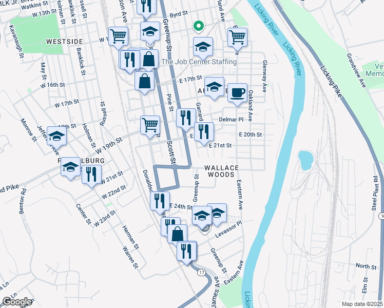 map of restaurants, bars, coffee shops, grocery stores, and more near 2044 Greenup Street in Covington