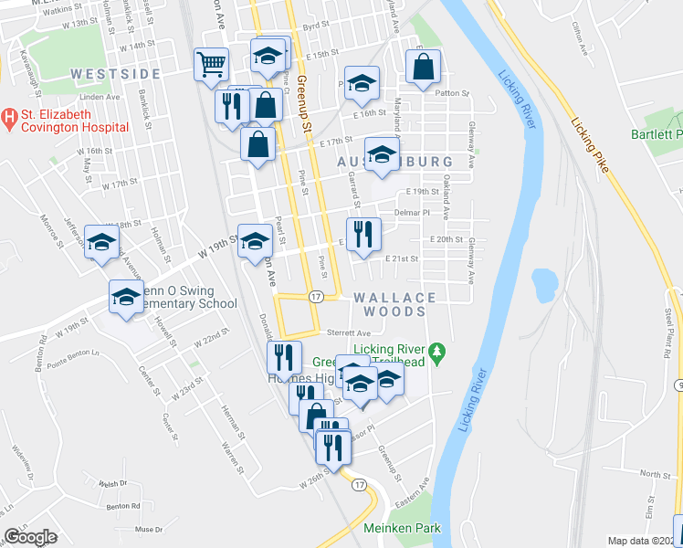 map of restaurants, bars, coffee shops, grocery stores, and more near 2032 Greenup Street in Covington