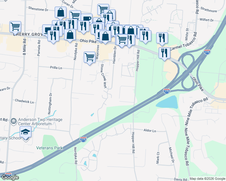 map of restaurants, bars, coffee shops, grocery stores, and more near 100 Southern Trace in Cincinnati