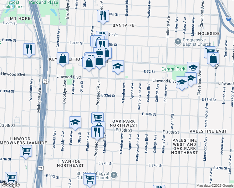 map of restaurants, bars, coffee shops, grocery stores, and more near 3300 Chestnut Avenue in Kansas City