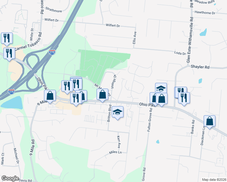 map of restaurants, bars, coffee shops, grocery stores, and more near 3984 Vinings Drive in Cincinnati