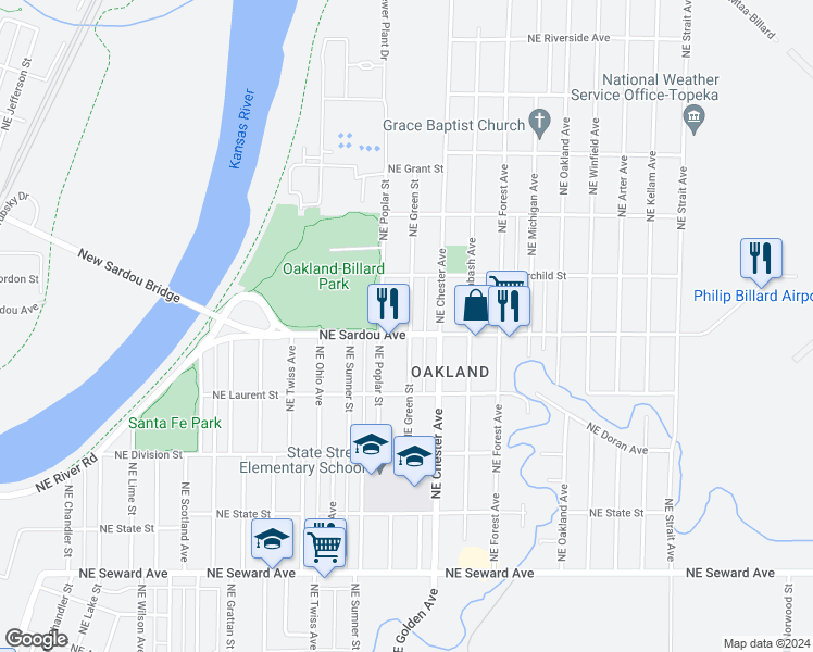 map of restaurants, bars, coffee shops, grocery stores, and more near 805 Northeast Green Street in Topeka