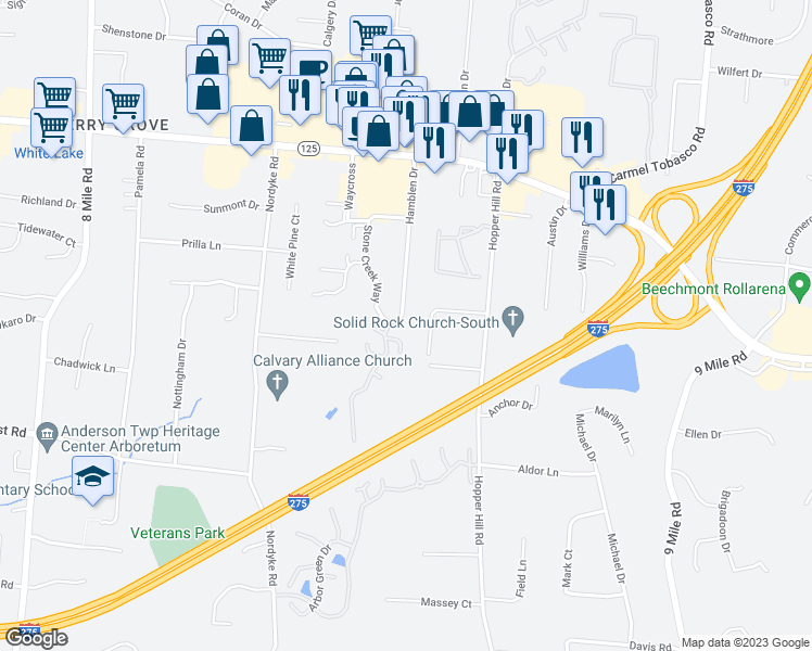 map of restaurants, bars, coffee shops, grocery stores, and more near 104 Southern Trace in Cincinnati