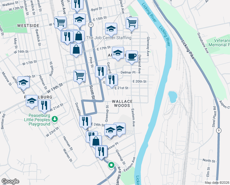 map of restaurants, bars, coffee shops, grocery stores, and more near 2045 Garrard Street in Covington