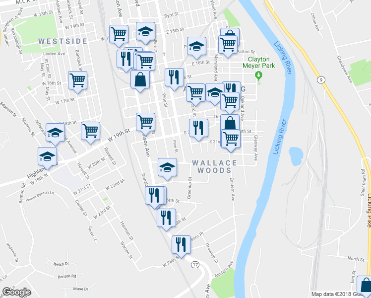 map of restaurants, bars, coffee shops, grocery stores, and more near 2044 Greenup Street in Covington