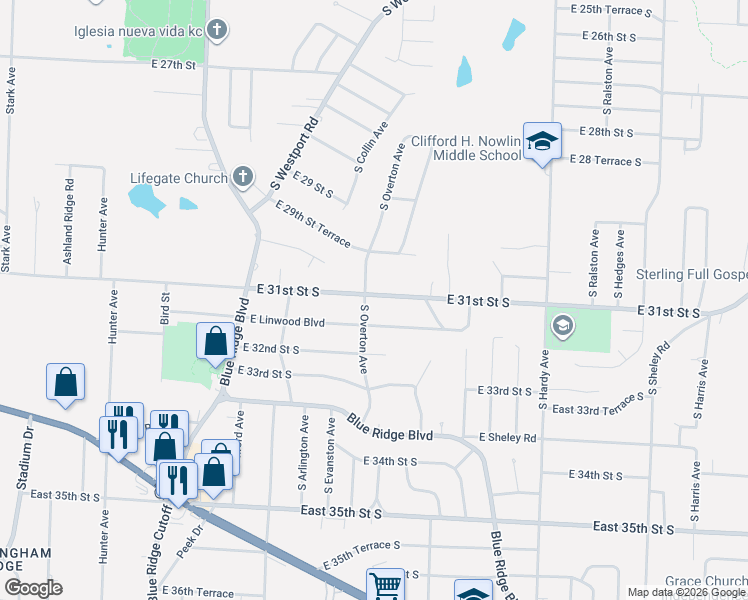 map of restaurants, bars, coffee shops, grocery stores, and more near 9630 East Linwood Boulevard in Independence