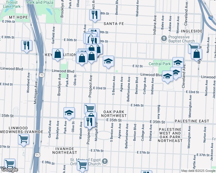 map of restaurants, bars, coffee shops, grocery stores, and more near 3300 Chestnut Avenue in Kansas City