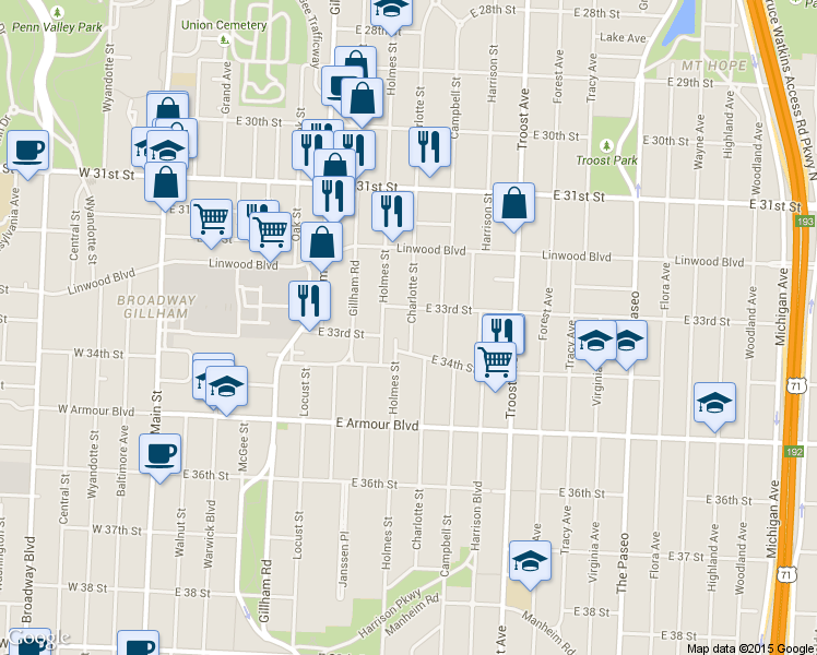 map of restaurants, bars, coffee shops, grocery stores, and more near 3329 Charlotte Street in Kansas City