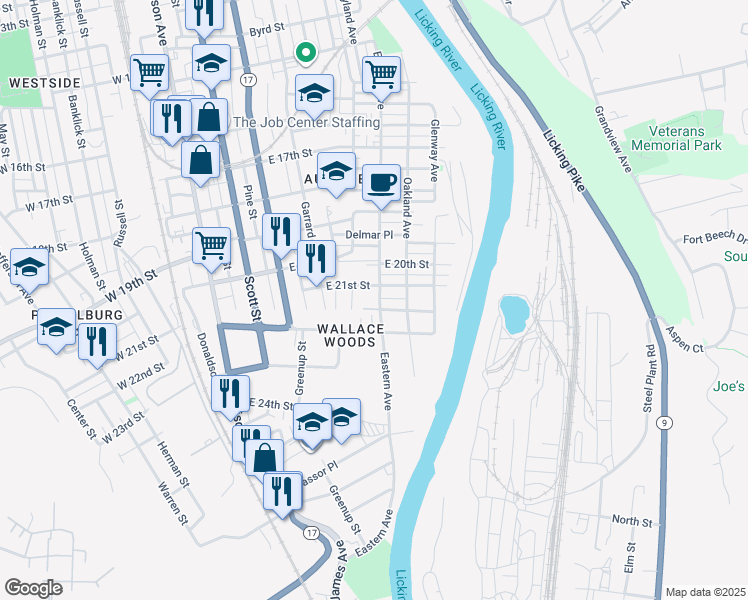 map of restaurants, bars, coffee shops, grocery stores, and more near 2109 Eastern Avenue in Covington