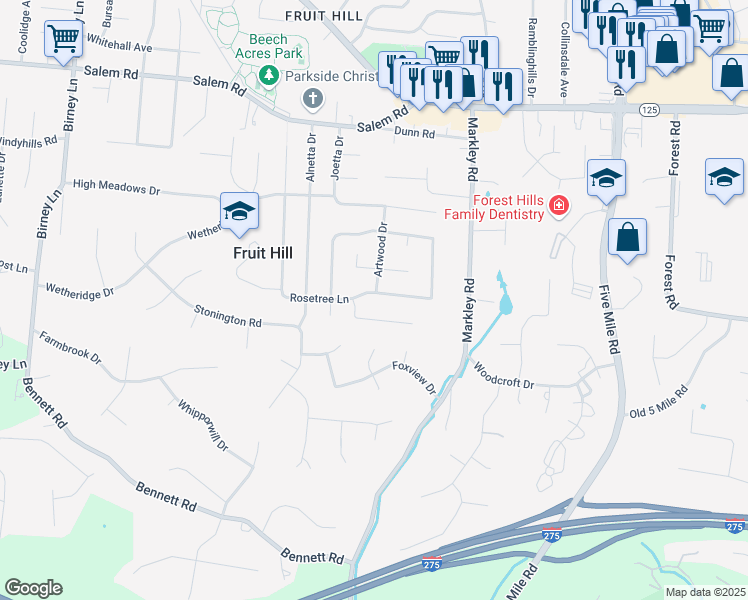 map of restaurants, bars, coffee shops, grocery stores, and more near 851 Rosetree Lane in Cincinnati