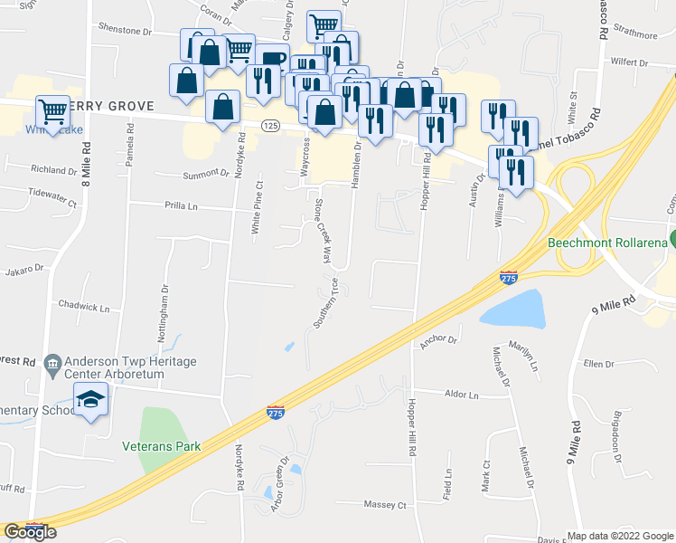 map of restaurants, bars, coffee shops, grocery stores, and more near 104 Southern Trace in Cincinnati