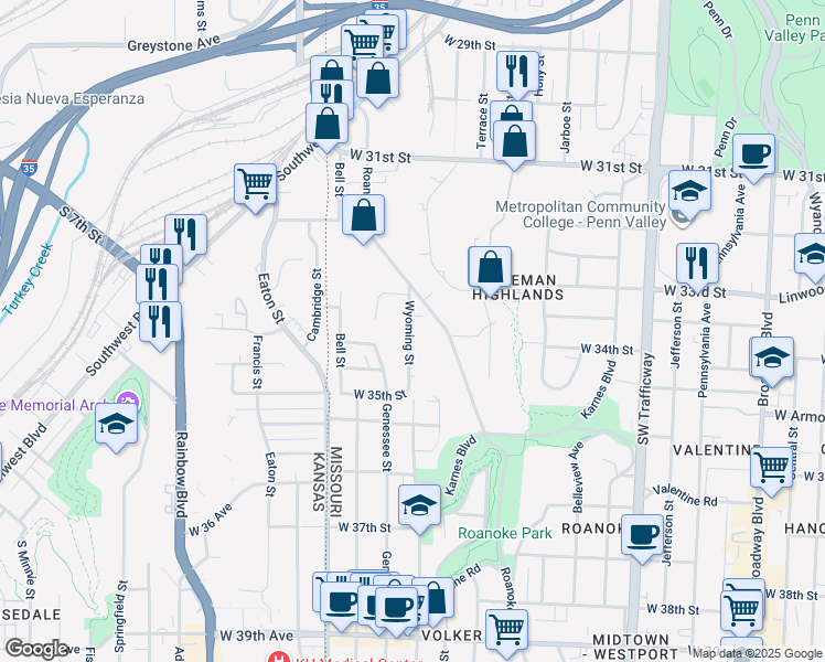 map of restaurants, bars, coffee shops, grocery stores, and more near 3333 Wyoming Street in Kansas City