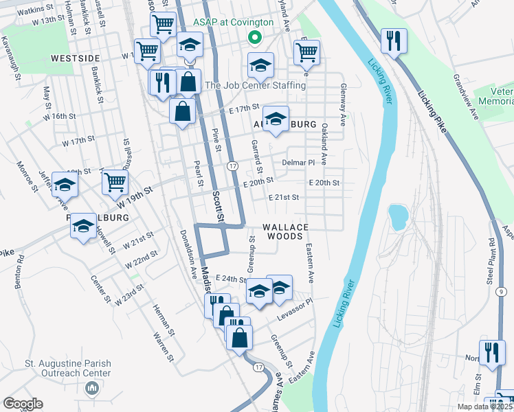 map of restaurants, bars, coffee shops, grocery stores, and more near 2045 Garrard Street in Covington