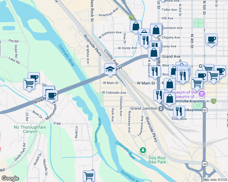 map of restaurants, bars, coffee shops, grocery stores, and more near 538 West Colorado Avenue in Grand Junction
