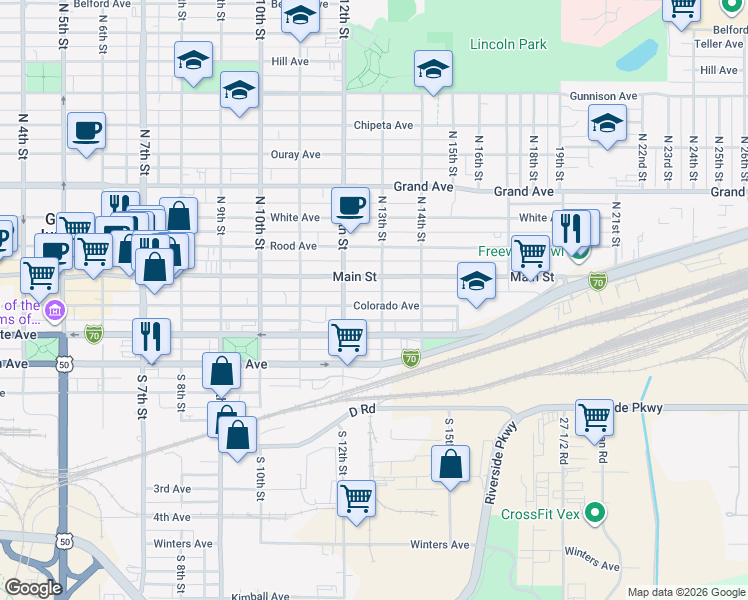 map of restaurants, bars, coffee shops, grocery stores, and more near 220 South 13th Street in Grand Junction